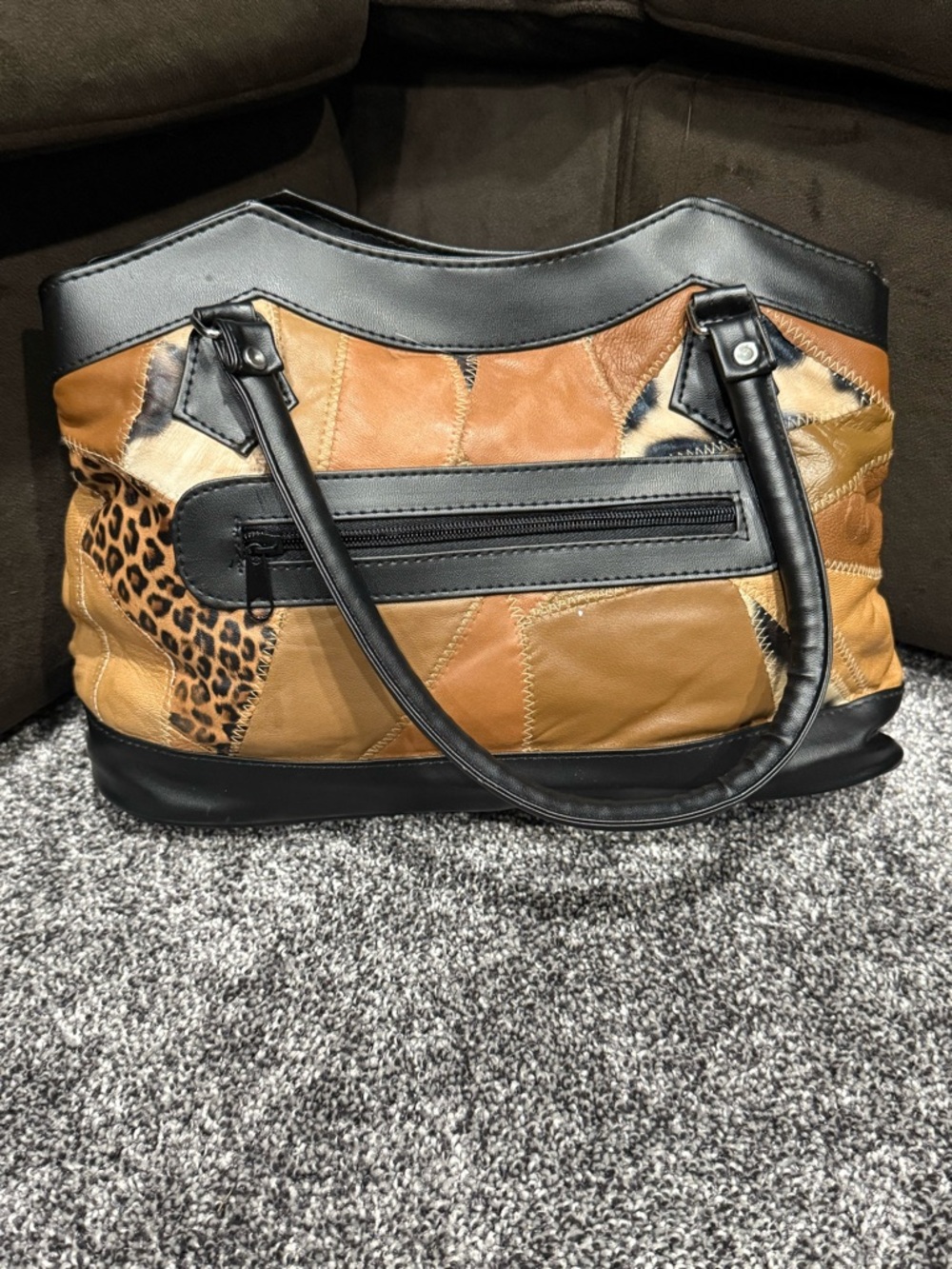 Patchwork Genuine Leather Women Brown Black Satchel Top Handle Purse Bag